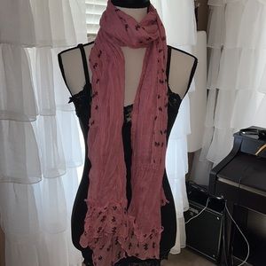 Rue 21 ect. Pink with black bow tie scarf or wrap soft and lightweight material!